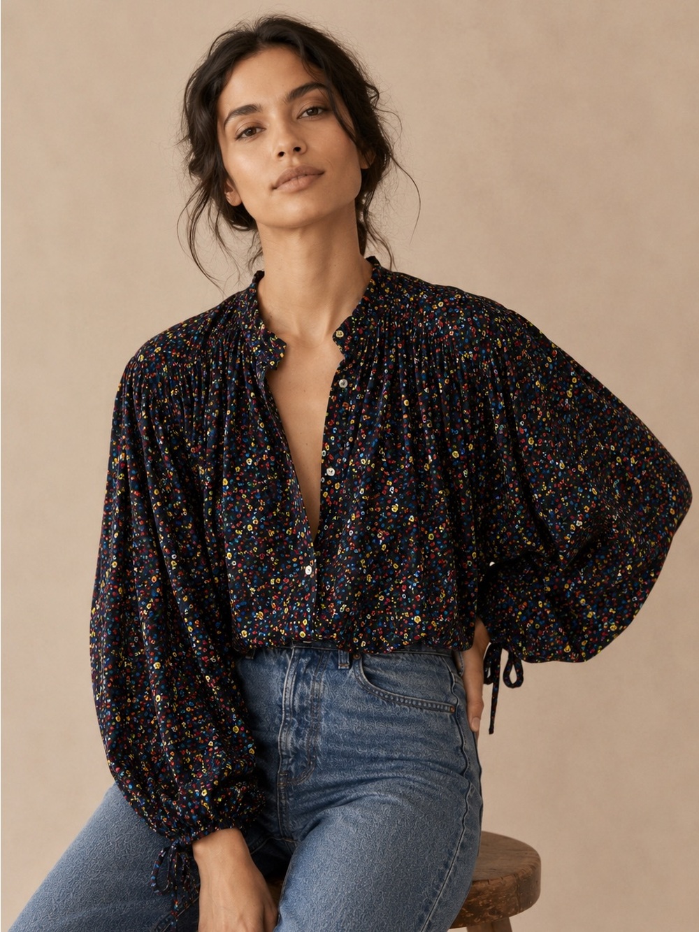 Doen O’Keefe Blouse Black and Wildflower Floral Smocked-Yoke Peasant Blouse S - Picture 5 of 15